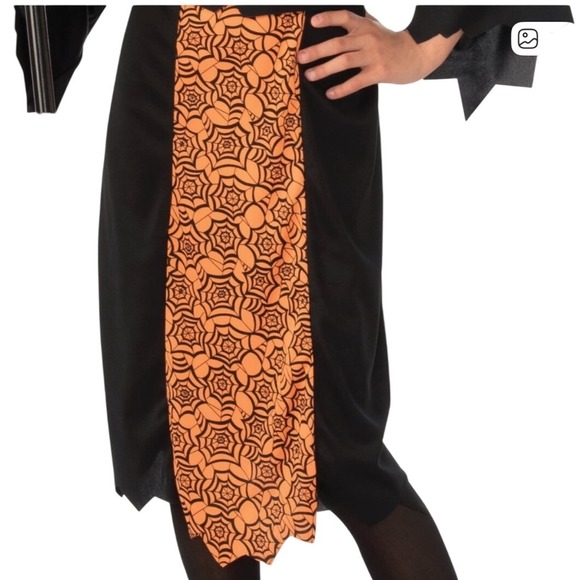 Girls Witch Costume Dress Hat Broom Halloween Spiderweb Black Orange Large‎ - Picture 4 of 10